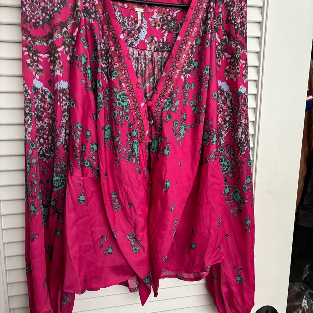 Free People Pink Flutter Sleeve Blouse with Tie Front